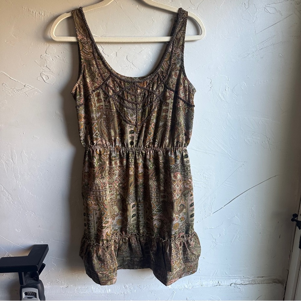 Ecote Brown Beaded Paisley Tiered‎ Mini Dress with Pockets Sz M